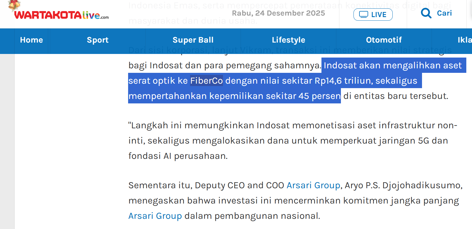 Mengalihkan aset FO 14,5T untuk ditukar 45% kepemilikan FiberCo