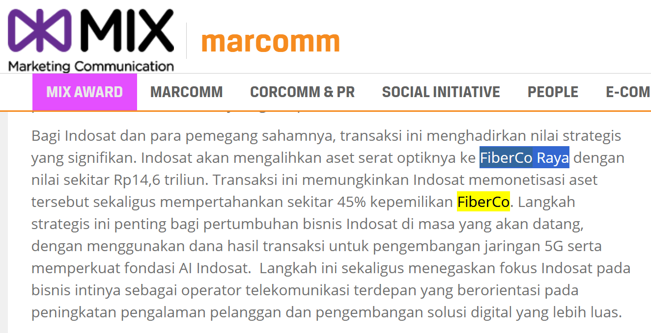Mengalihkan aset FO 14,5T untuk ditukar 45% kepemilikan FiberCo