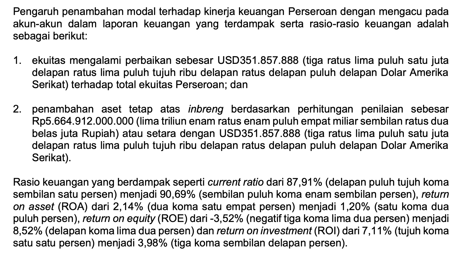 Karena adanya “tambahan modal” berupa lahan yang tentu punya nilai ekonomisnya, ekuitas perusahaan jadi positif dan ROE juga ikut positif. Perusahaan yang punye ekuitas positif dan laba positif akan bisa bagi dividen lagi di masa depan.