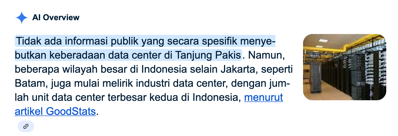Per 3 September belum ada informasi apapun tentang Data Center di Tanjung Pakis