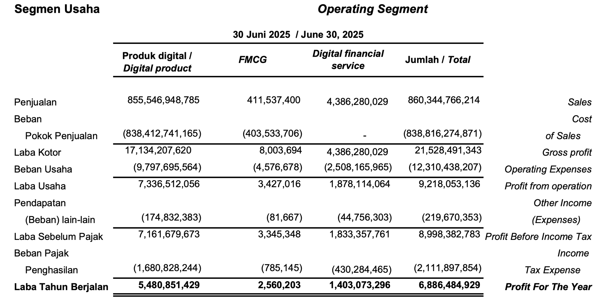 Perhatikan segmen Digital financial service yang punya NPM sangat tinggi di semester ini. Dari penjualan 4,3M bisa menghasilkan laba bersih 1,4M. (Mungkin) Ada sesuatu yang menarik di sana.