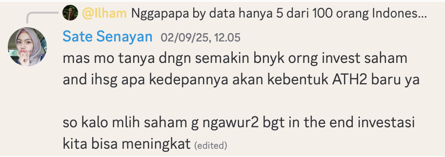 Pertanyaan ini menarik, gue harus riset dulu. Hipotesis gue adalah pasar saham kita harusnya lebih bergairah lagi karena semakin banyak jumlah orang yang nyari saham perusahaan yang harganya “fair”.
