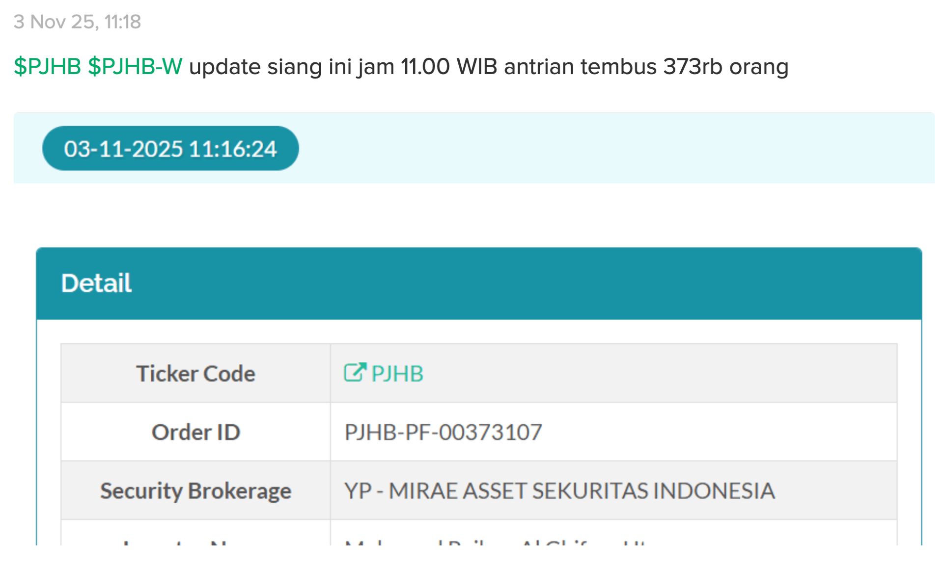 Jumlah pesanan saham PJHB di jam 11:18 H-1 ini sudah 373rb. Bisa kita asumsikan akan ada 400rb pesanan sampai penutupan besok 4 November 2025