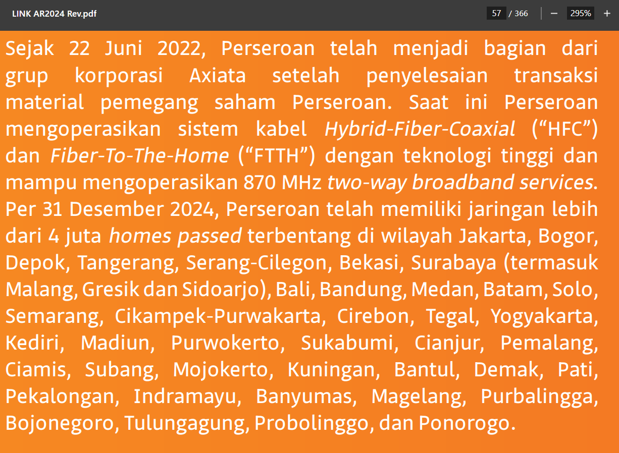 Ini keterangan tambahan yang bilang kalau sejak 22 Juni 2022 LINK di akuisisi Grup Axiata dari grup Lippo daaan Per 31 Desember udah ada 4 juta home passed! Currently WIFI ada sekitar 1,5jt per Q3 2025 —> Bisa jadi pertumbuhan anorganik untuk WIFI seandainya benar LINK yang mereka akuisisi