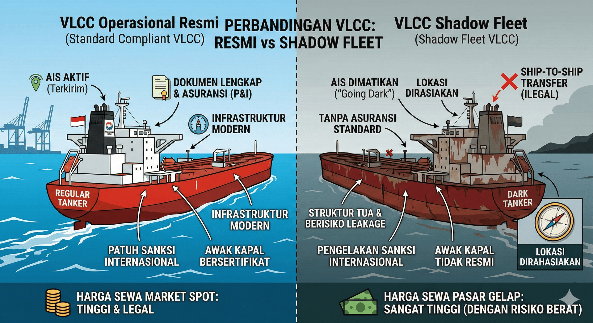 Shadow Fleet tarifnya lebih mahal karena risikonya jauh lebih tinggi: dicegat, gak ada asuransi, tp disatu sisi negara yang diembargo gak punya pilihan untuk tidak pakai kapal ini daripada minyaknya nganggur aja gitu.